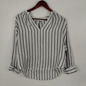 Joie 100% Silk V Neck Blouse Size XS Striped White Black Classic Workcore